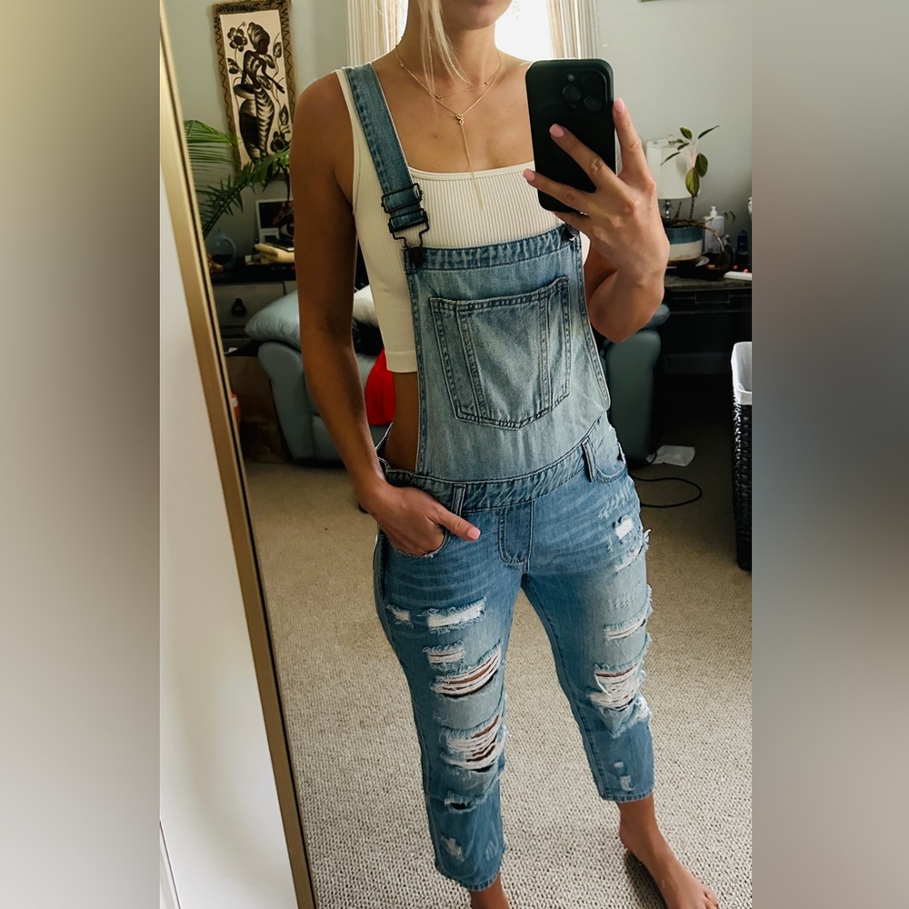 Cotton Light Blue Distressed Denim Overalls